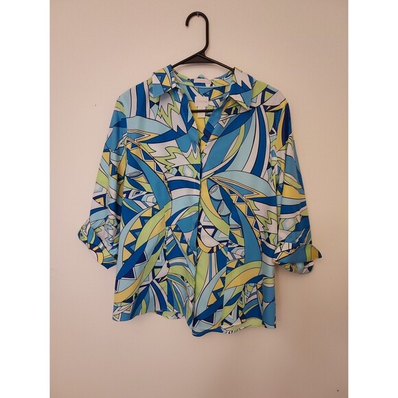 Chico’s Tops - Women’s Chicos Sz 2 Womens Large Colorful Blouse 3/4 Rolled Sleeve Blue Green